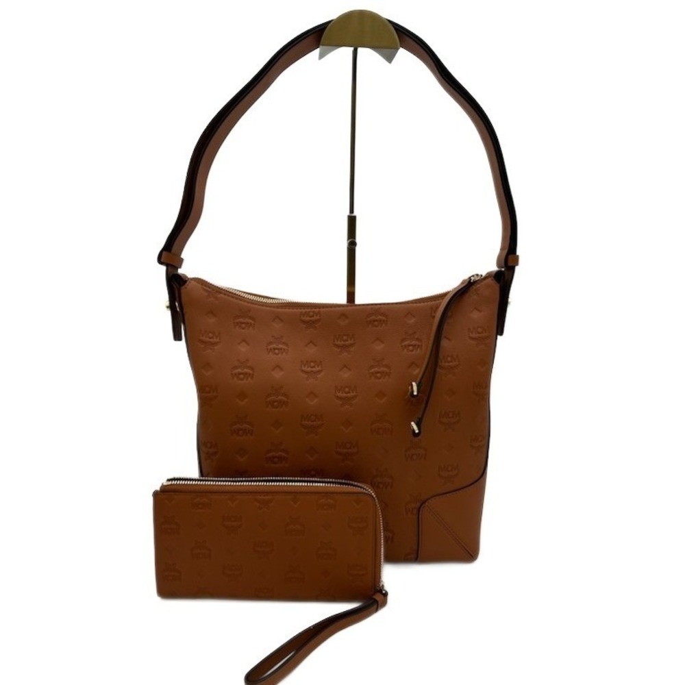 MCM Women's Size One Size Cognac Monogram Leather Hobo Bag and Wristlet Set